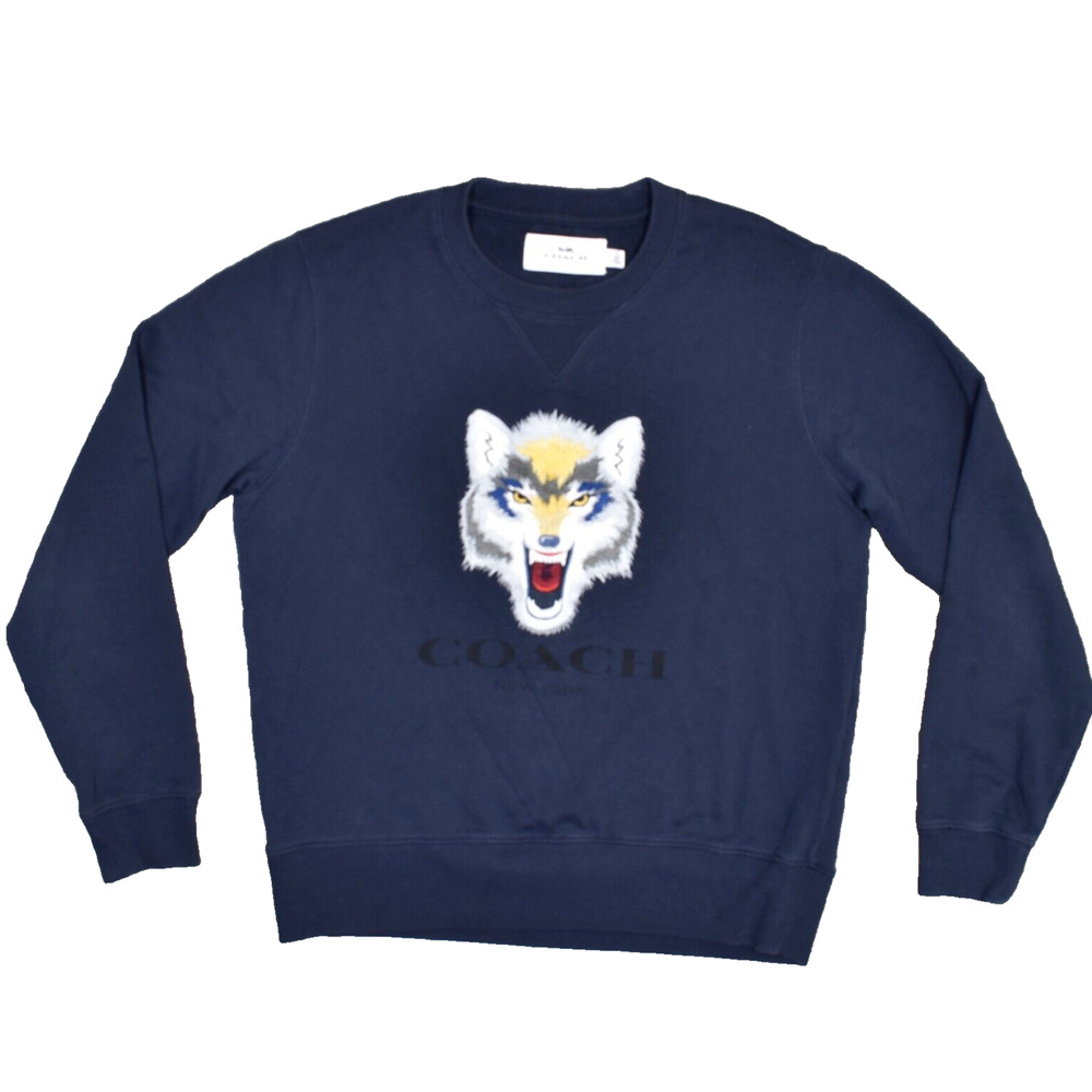 Coach Wolf Embroided Crew Neck Pullover Sweater Long Sleeve Cotton Blue Size M
